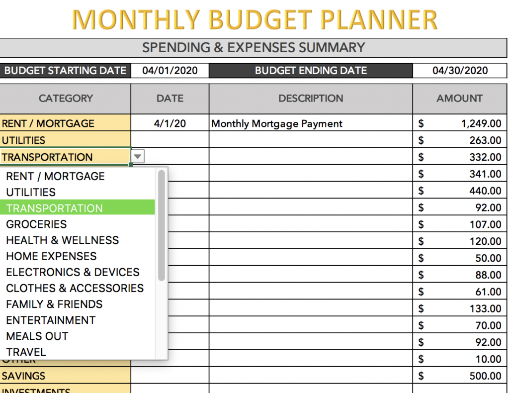 example excel monthly expenses